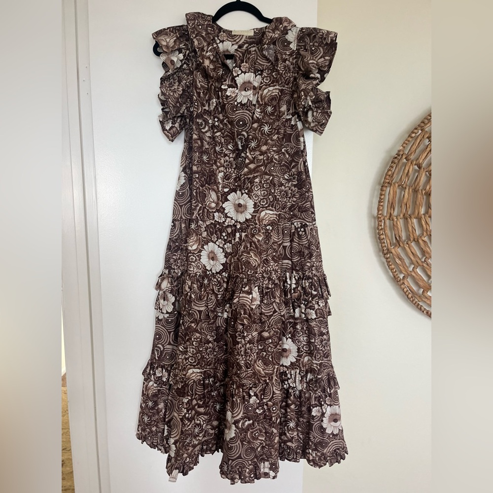 Ulla Johnson Elsie Tiered Floral Brown Ruffle Midi Dress